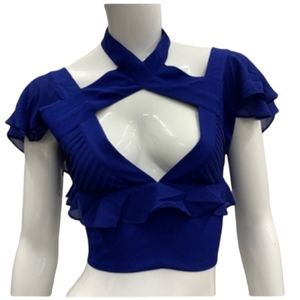 NWT Nasty Gal Cropped Blue Plunging Flutter Sleeve Top